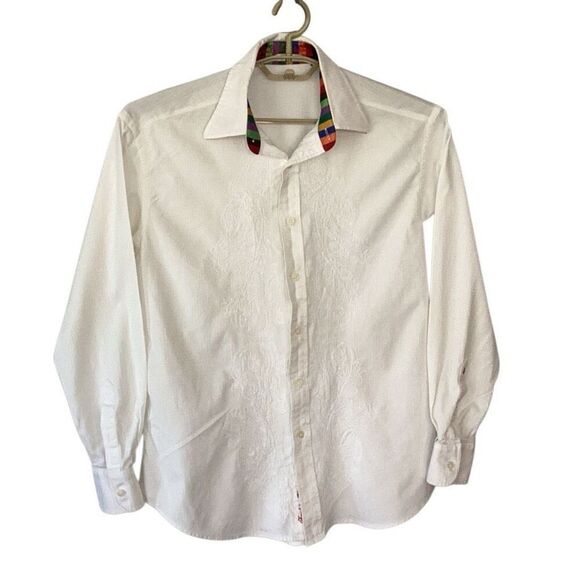 Robert Graham Embroidered White Flip Cuff Shirt Men’s Medium Long Sleeve - Picture 4 of 13